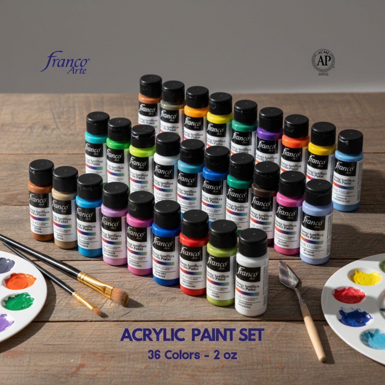 Franco Arte Acrylic Paint Set 36 Colors, 2 oz Bottles – Non-Toxic, Fast Dry, Rich Pigment for Canvas, Wood & DIY Crafts